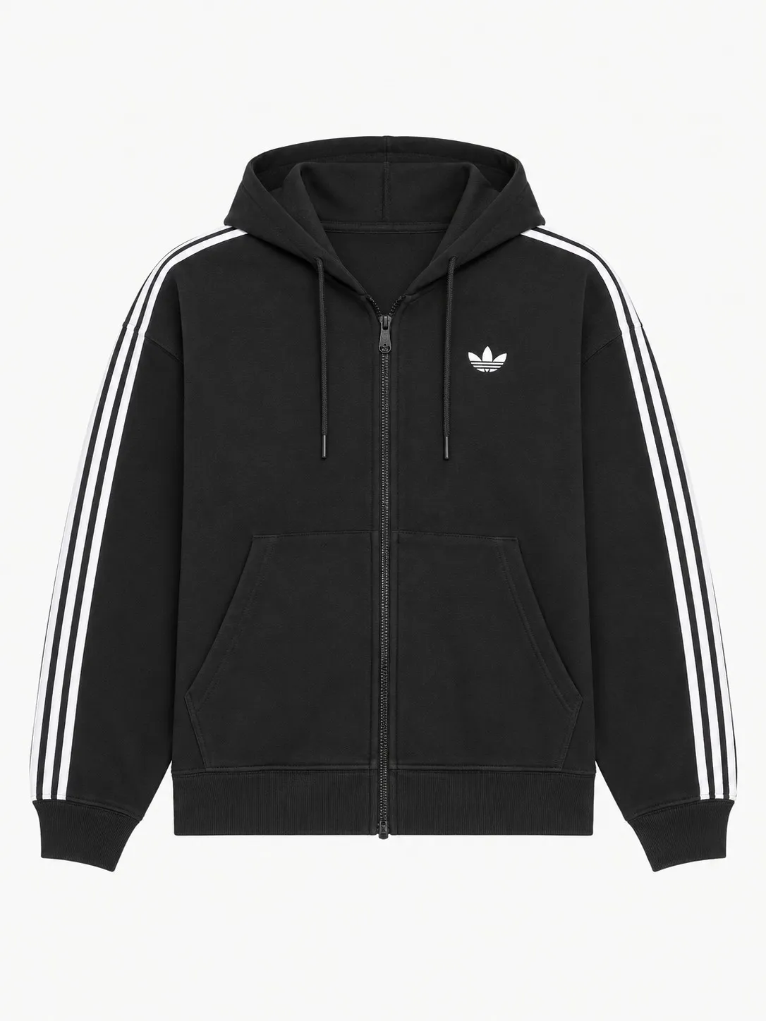 Hoodie Adidas negro con cremallera, vista frontal de la prenda sola con las tres rayas blancas en las mangas y el trébol blanco en el pecho