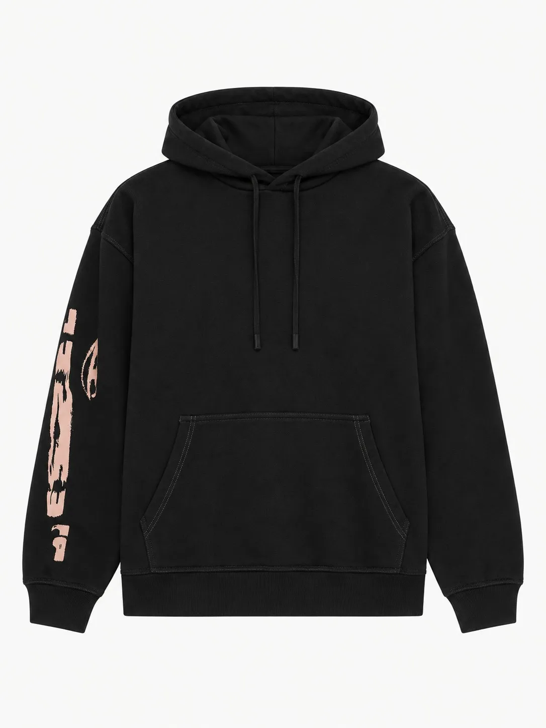 Hoodie Diesel negro, vista frontal de la prenda sola con capucha de cordones, bolsillo canguro y el logo Diesel en rosa en la manga