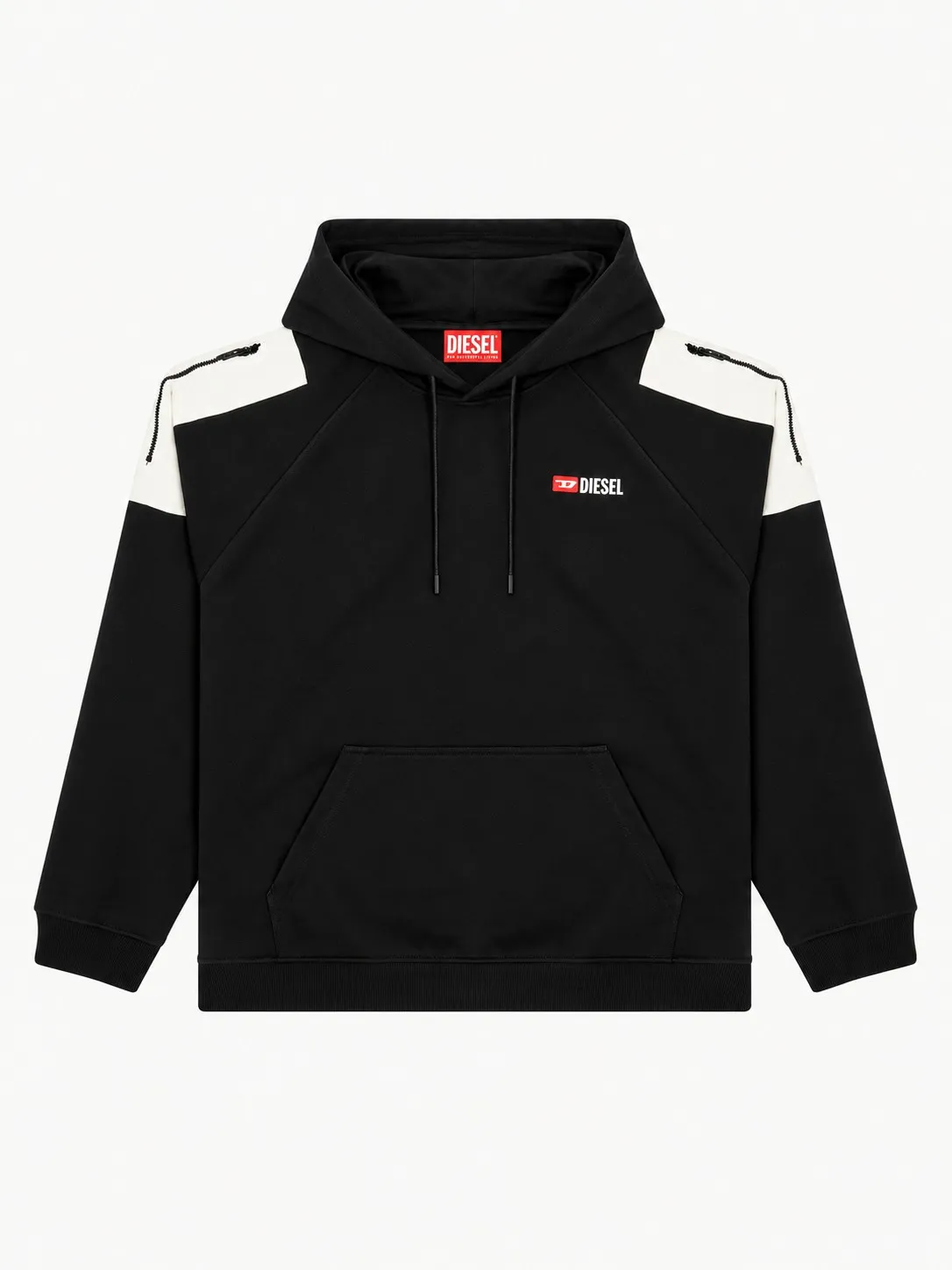 Hoodie Diesel negro, vista frontal de la prenda sola con paneles blancos y cremalleras en los hombros, bolsillo canguro y logo Diesel en el pecho