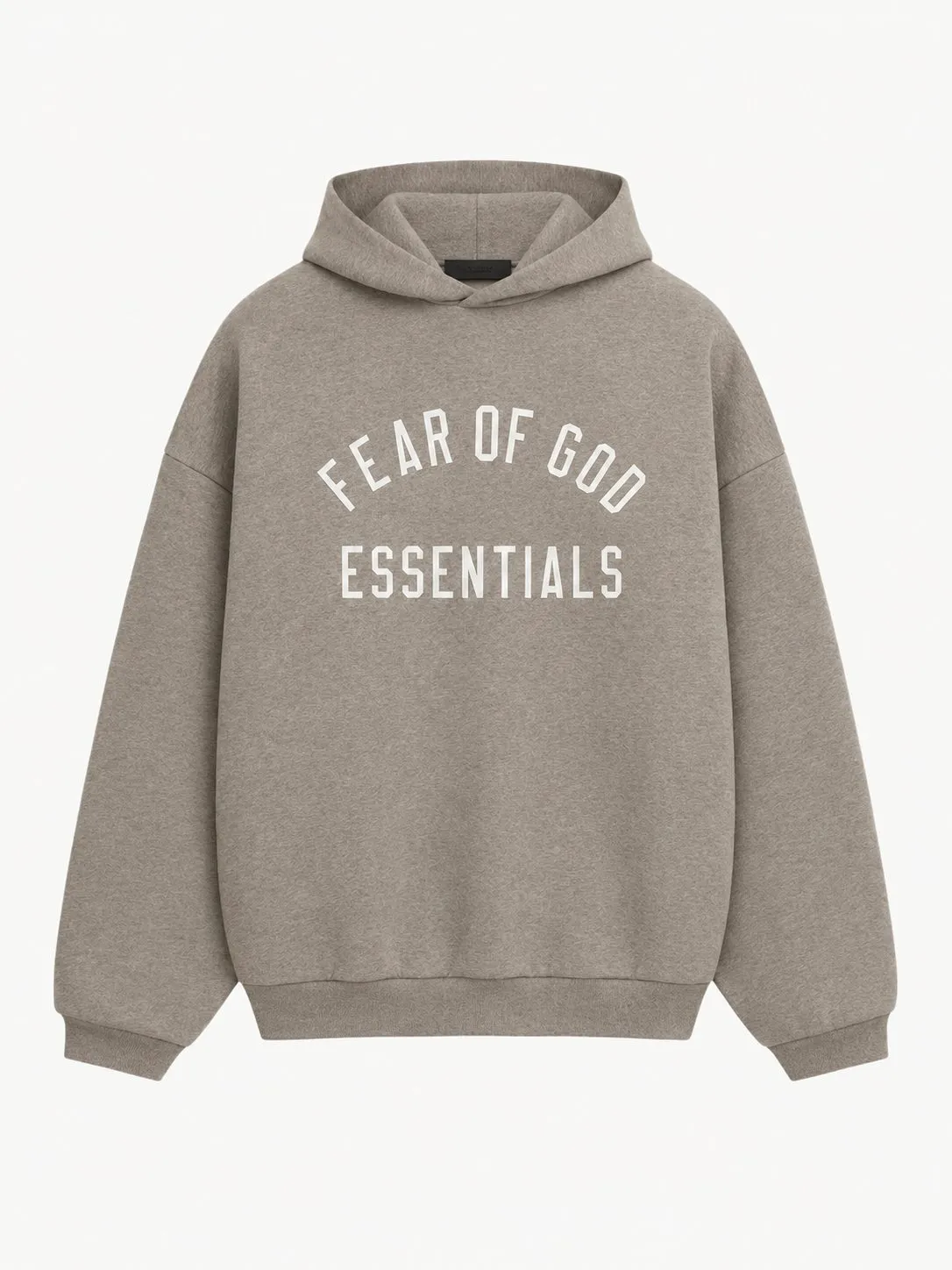 Hoodie Essentials gris jaspeado, vista frontal de la prenda sola con capucha, corte oversize y Fear of God Essentials en letras arqueadas de color crudo sobre el pecho