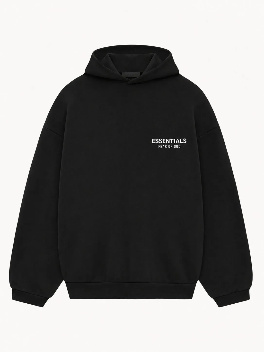 Hoodie Essentials negro, vista frontal de la prenda sola con capucha, corte oversize y el logo Essentials Fear of God en pequeño sobre el pecho