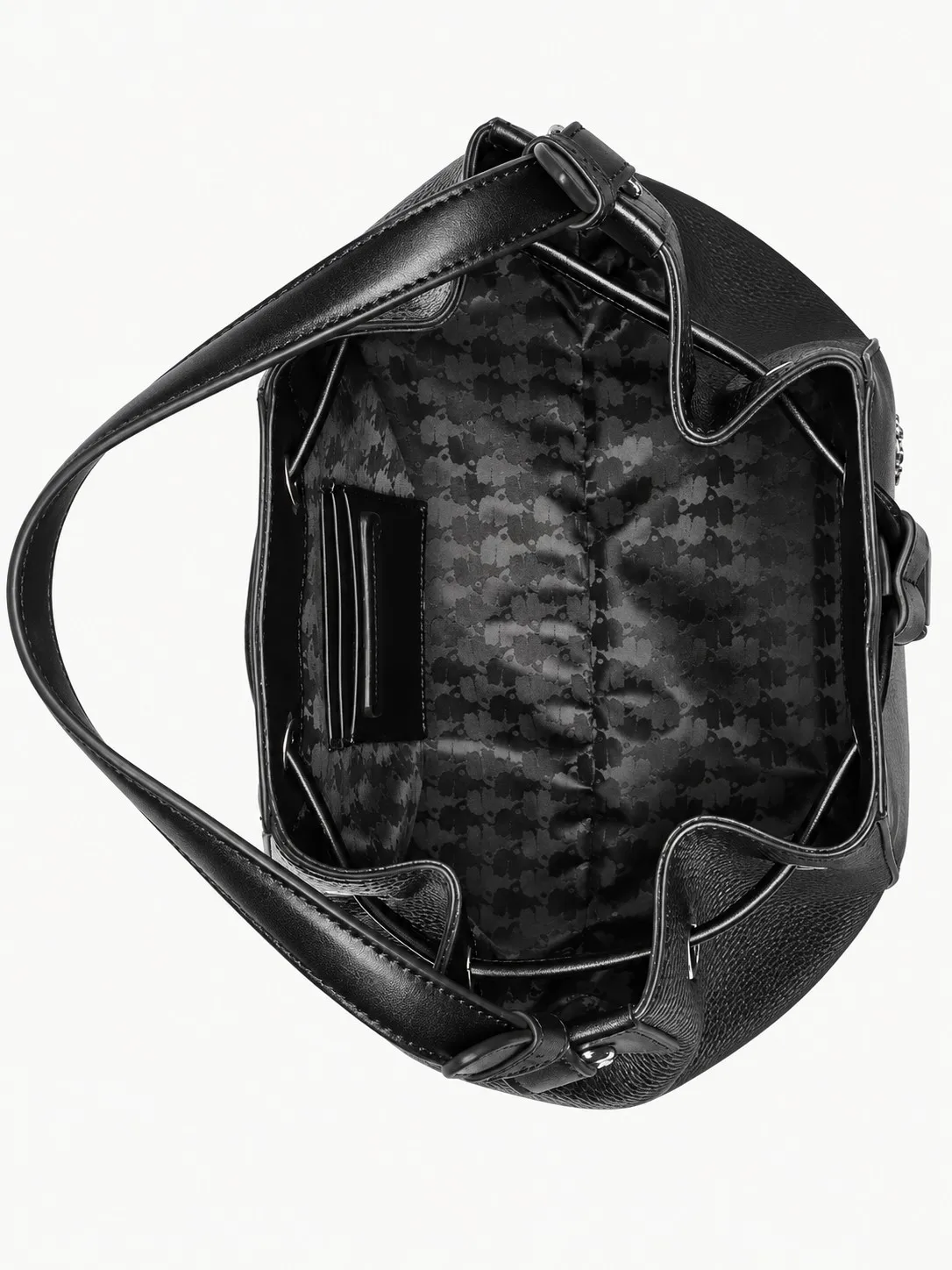 Bolso Karl Lagerfeld negro abierto visto desde arriba, con el forro gris estampado con la silueta de Karl y un bolsillo para tarjetas