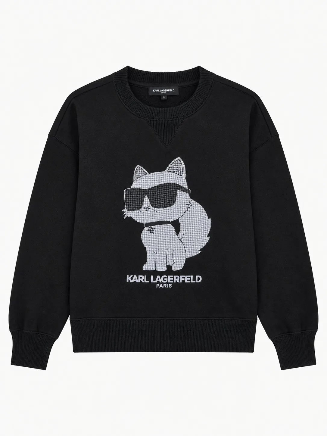 Buzo Karl Lagerfeld negro, vista frontal de la prenda sola con Choupette con gafas oscuras estampada en el pecho y el logo Karl Lagerfeld Paris