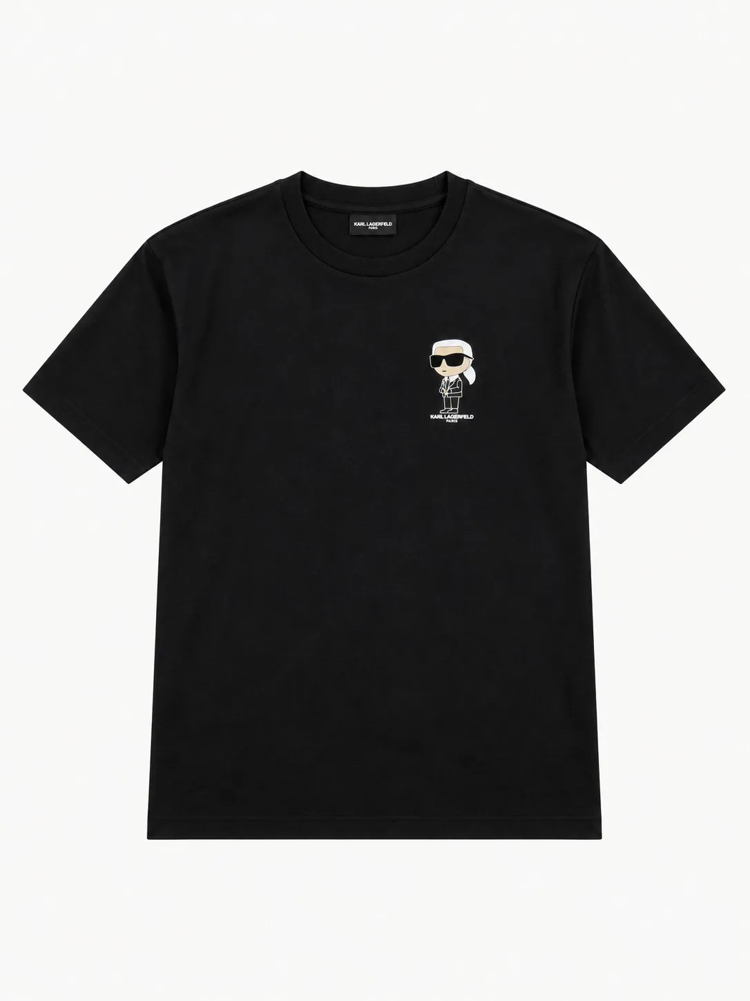Camiseta Karl Lagerfeld negra, vista frontal de la prenda sola con la figura de Karl con gafas oscuras y el logo estampados en el pecho