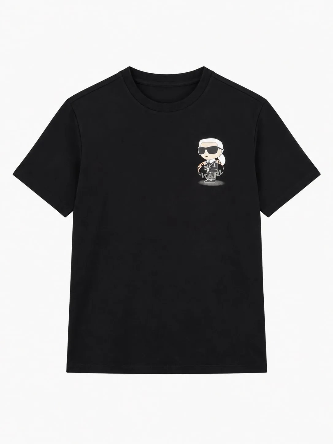 Camiseta Karl Lagerfeld negra, vista frontal de la prenda sola con la figura de Karl con gafas oscuras estampada en el pecho