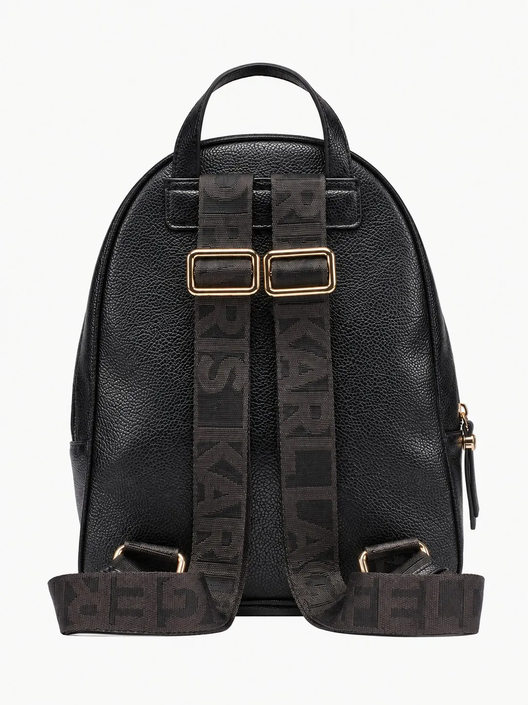 Morral Karl Lagerfeld negro, vista de espalda con las dos tiras ajustables tejidas con el logo Karl Lagerfeld Paris y hebillas doradas