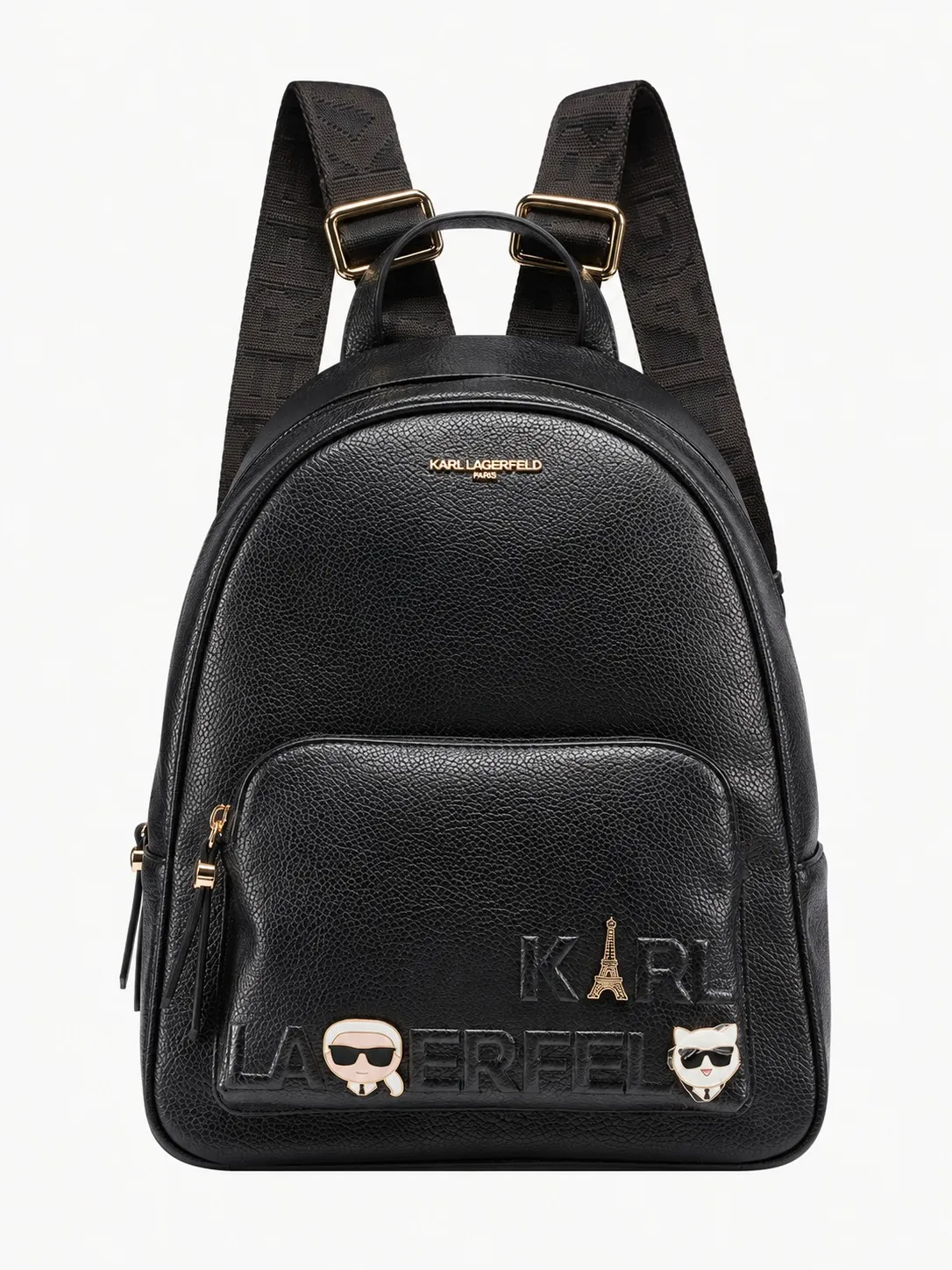 Morral Karl Lagerfeld negro, vista frontal con el logo dorado arriba y el bolsillo con Karl Lagerfeld en relieve y los apliques de Karl y Choupette