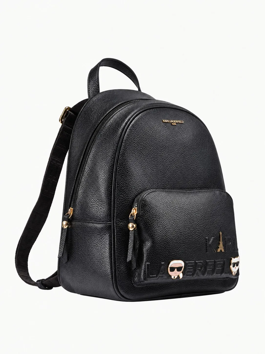 Morral Karl Lagerfeld negro, vista de tres cuartos con las cremalleras doradas y una tira con el logo tejido