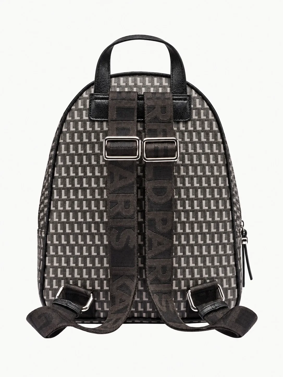 Morral Karl Lagerfeld con monograma gris y negro, vista de espalda con las tiras ajustables tejidas con el logo y hebillas plateadas