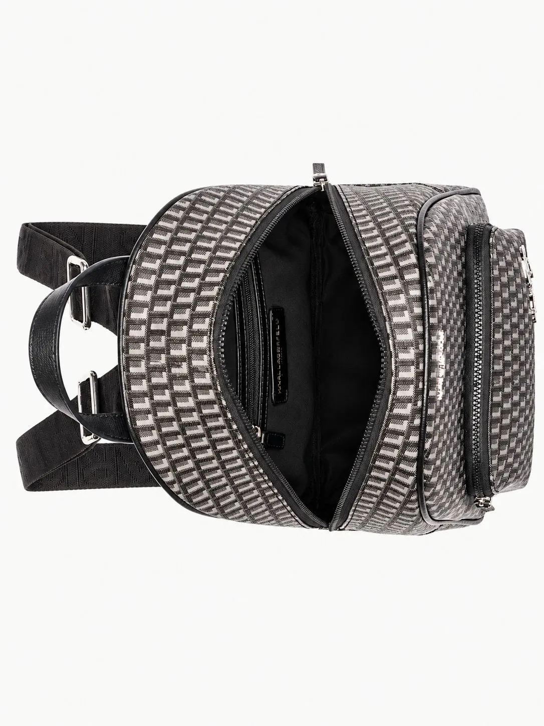 Morral Karl Lagerfeld con monograma abierto visto desde arriba, con forro negro, bolsillos interiores y etiqueta de la marca