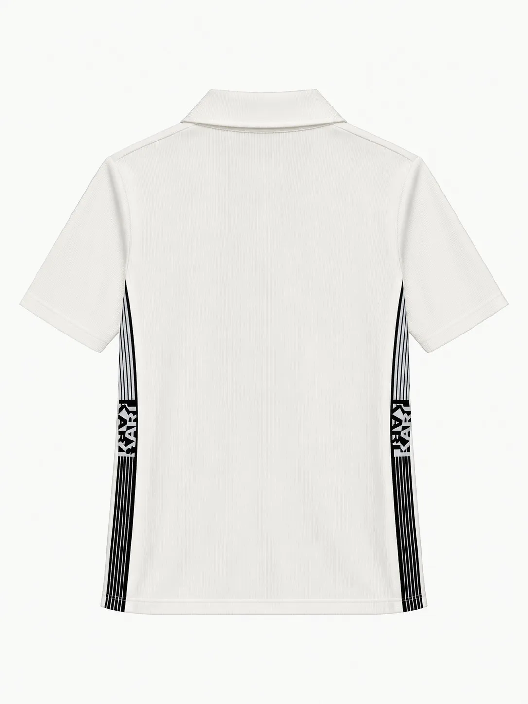 Polo Karl Lagerfeld blanco, vista de espalda lisa con las franjas laterales a rayas y el nombre Karl