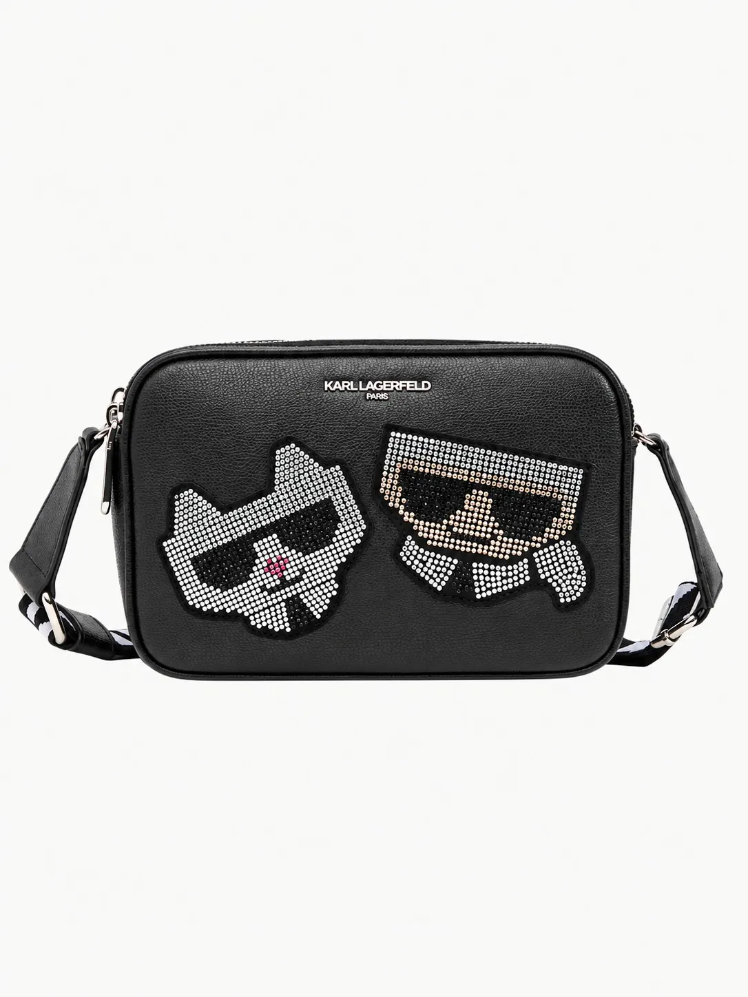 Bolso cruzado Karl Lagerfeld negro, vista frontal con las caras de Karl y Choupette en pedrería y el logo metálico arriba