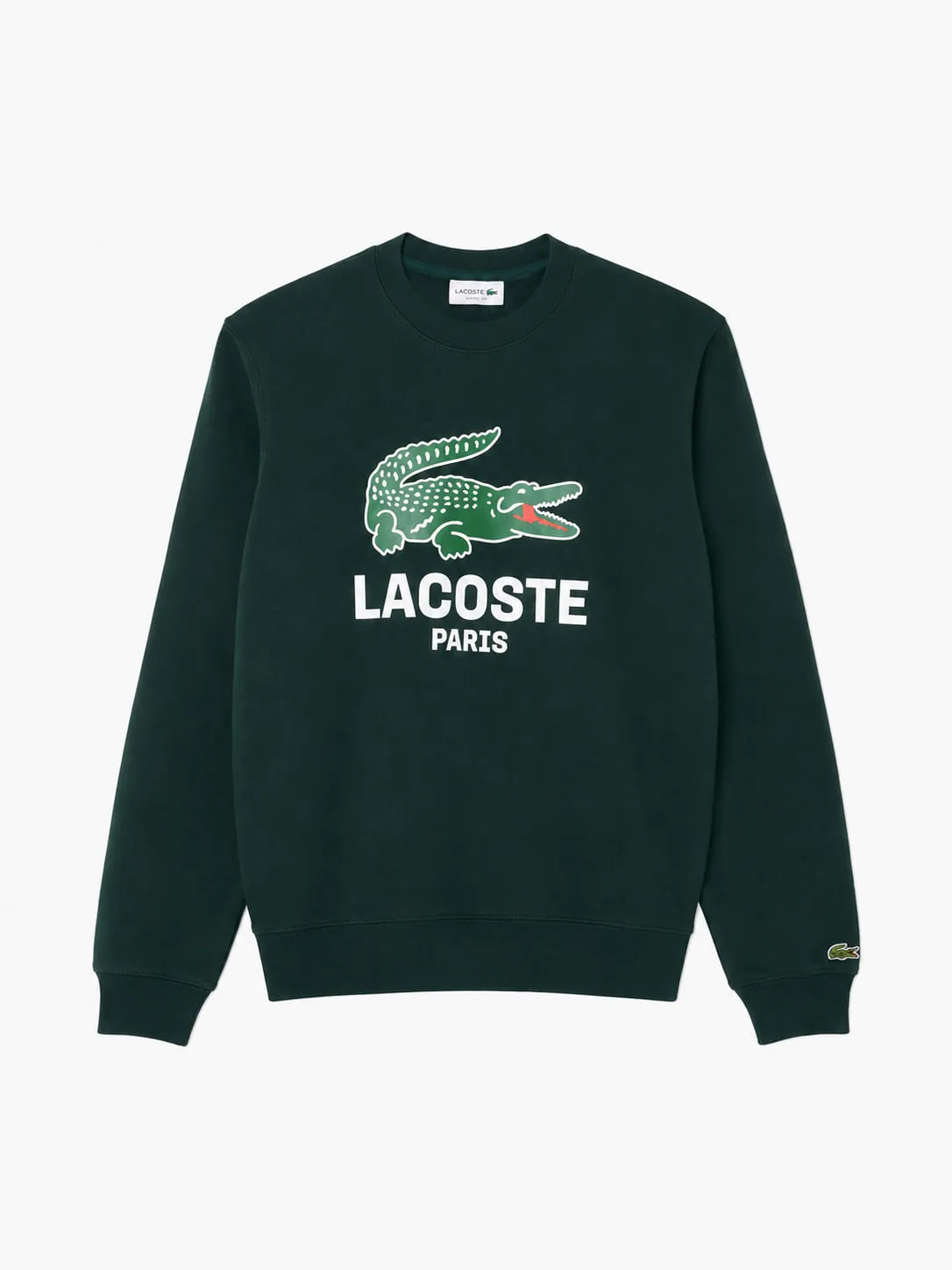 Buzo Lacoste Classic Printed Crew Neck verde oscuro, vista frontal con el cocodrilo estampado y el texto Lacoste Paris