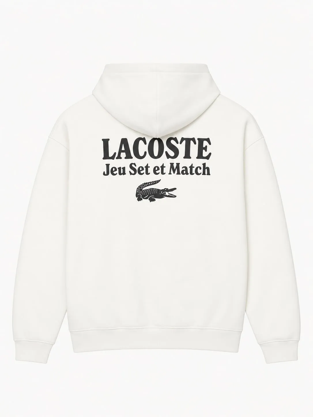 Hoodie Lacoste Multi Print Fleece blanco, vista de espalda con el estampado grande Lacoste Jeu Set et Match y el cocodrilo en negro