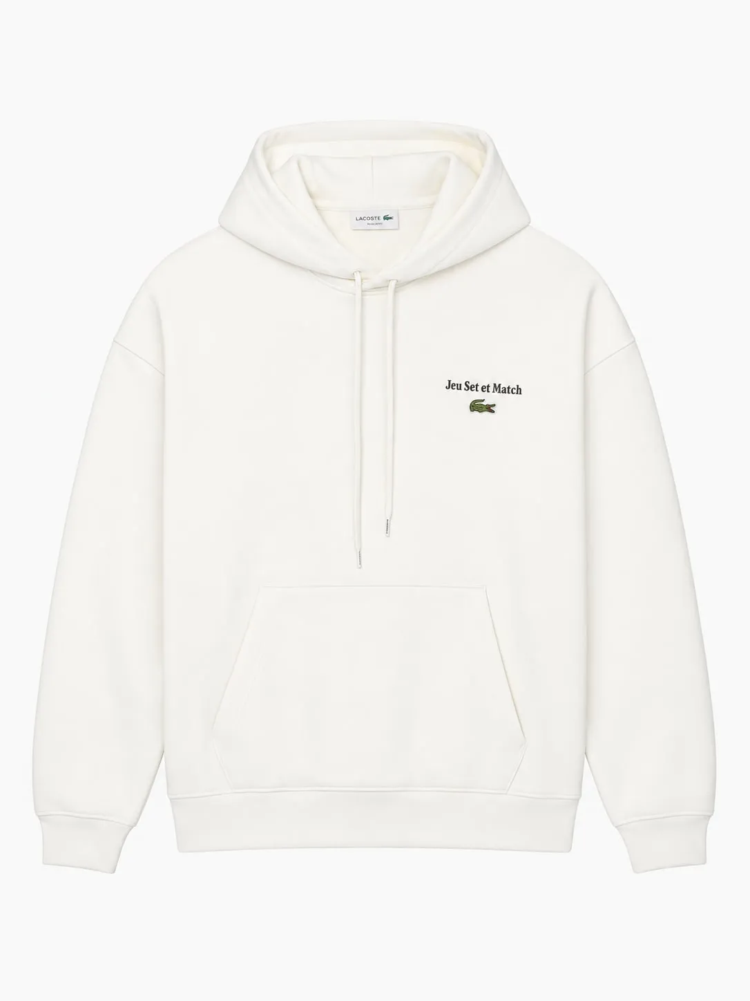 Hoodie Lacoste Multi Print Fleece blanco, vista frontal con capucha de cordones, bolsillo canguro y Jeu Set et Match con el cocodrilo verde en el pecho