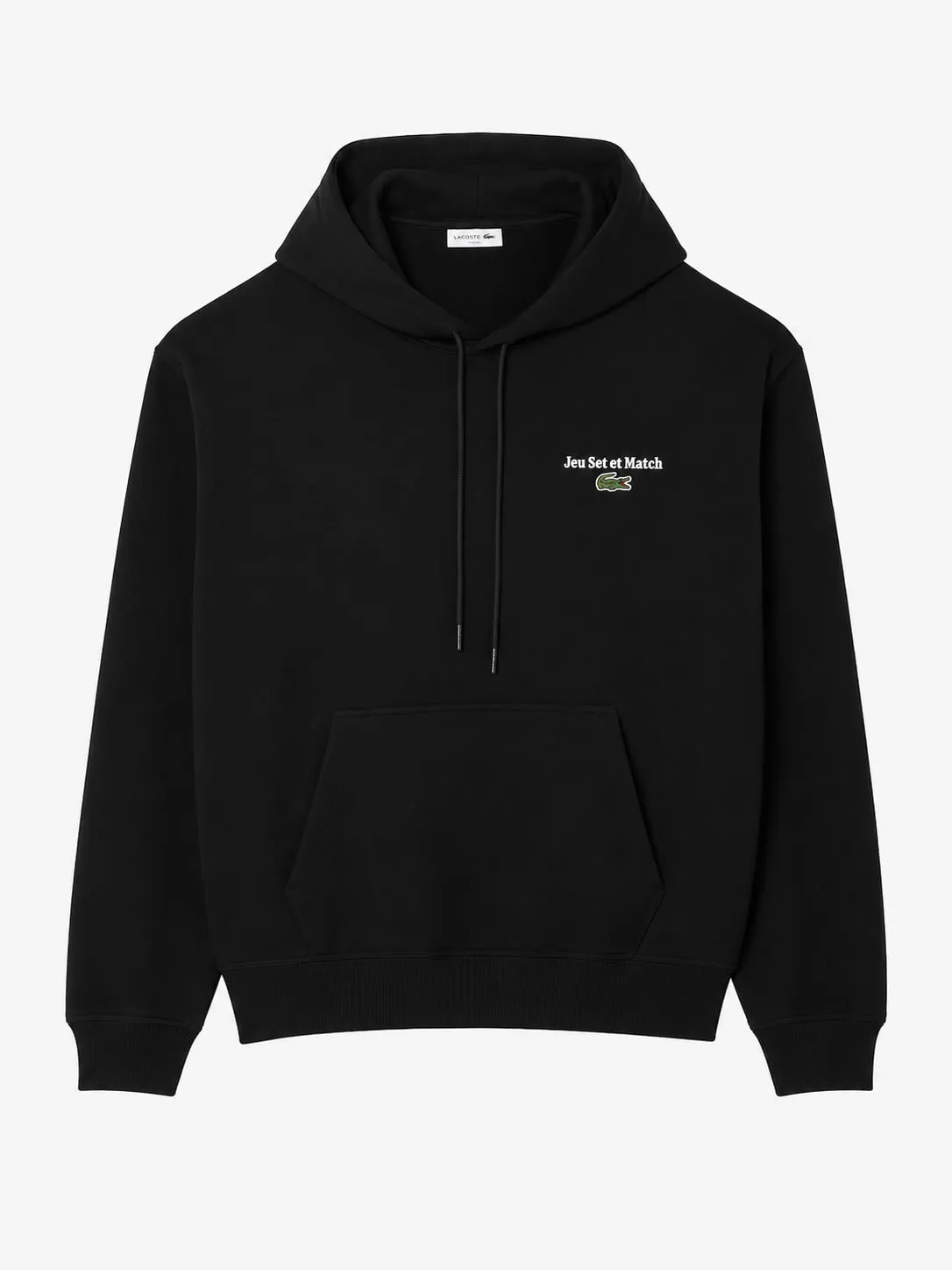 Hoodie Lacoste Multi Print Fleece negro, vista frontal con capucha, bolsillo canguro y el logo Jeu Set et Match bordado en el pecho