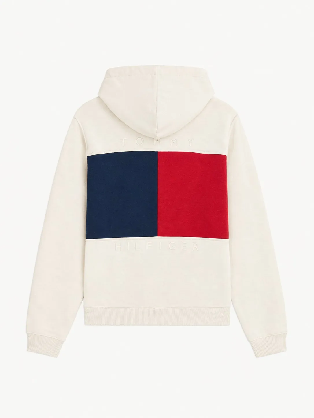 Hoodie Tommy Hilfiger crema, vista de espalda con la gran bandera azul marino y roja y el nombre Tommy Hilfiger en relieve