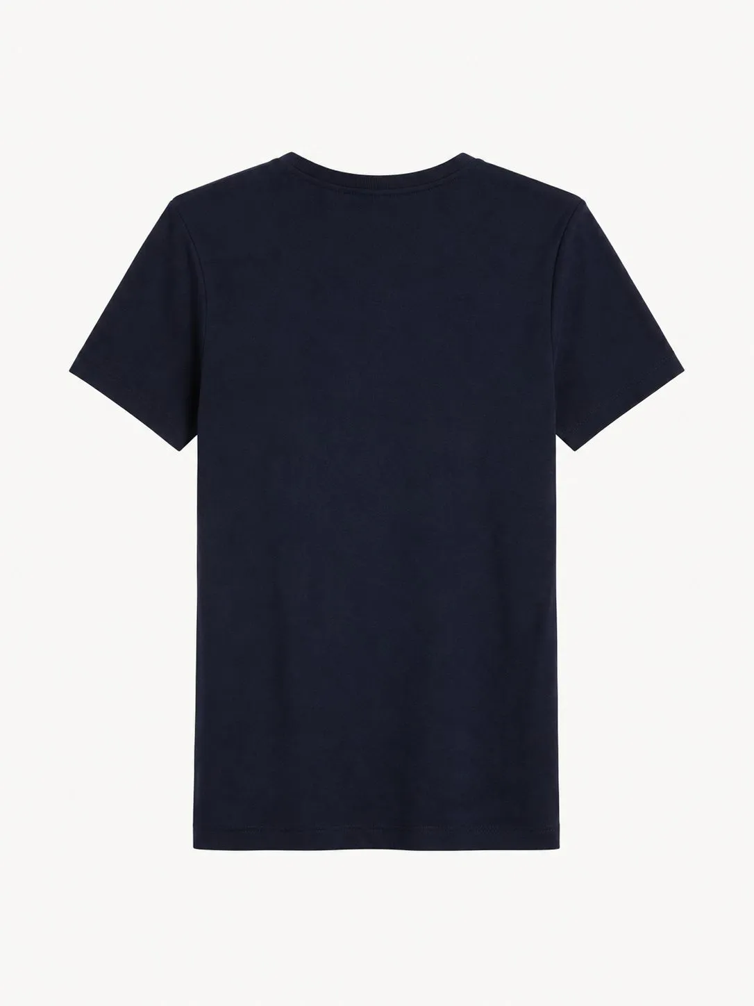 Camiseta Tommy Hilfiger azul marino, vista de espalda de la prenda sola, lisa, con el cuello acanalado